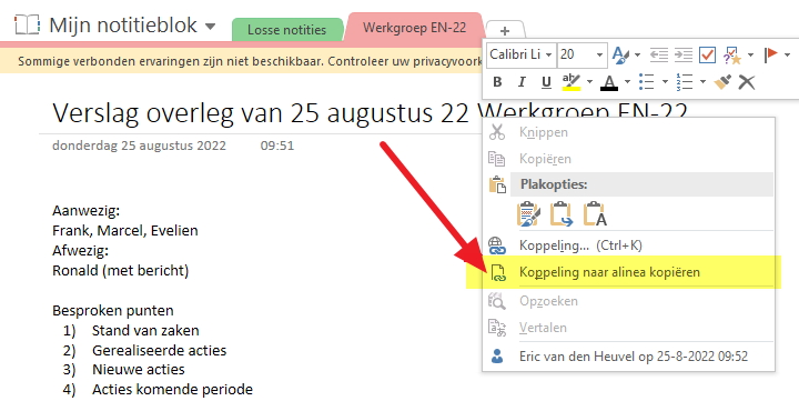 Menukeuze OneNote koppeling naar alinea voor plakken in Outlook taak