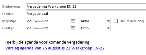 Voorbeeld link naar OneNote tekst in Agenda van Outlook