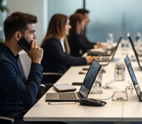 Open kantoortuin met bellende collega's