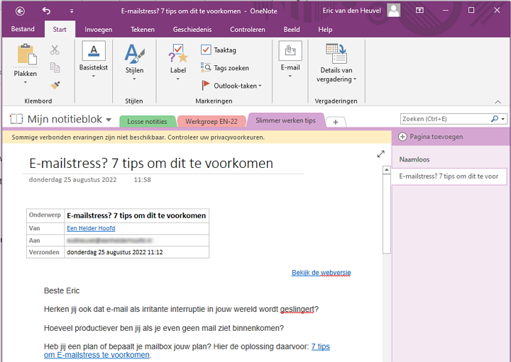 Voorbeeld Outlook e-mail in pagina van OneNote