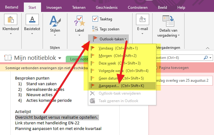 Zoo maak je van tekst in OneNote een taak in Outlook