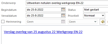 Voorbeeld link naar OneNote tekst in Taak van Outlook