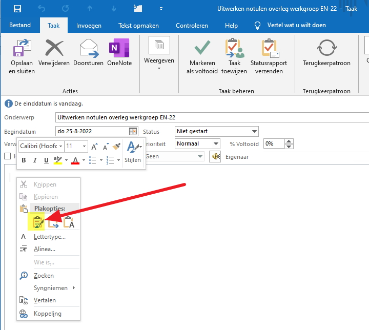 Rechermuisknop menu voor plakken koppeling alinea van OneNote in taak van Outlook